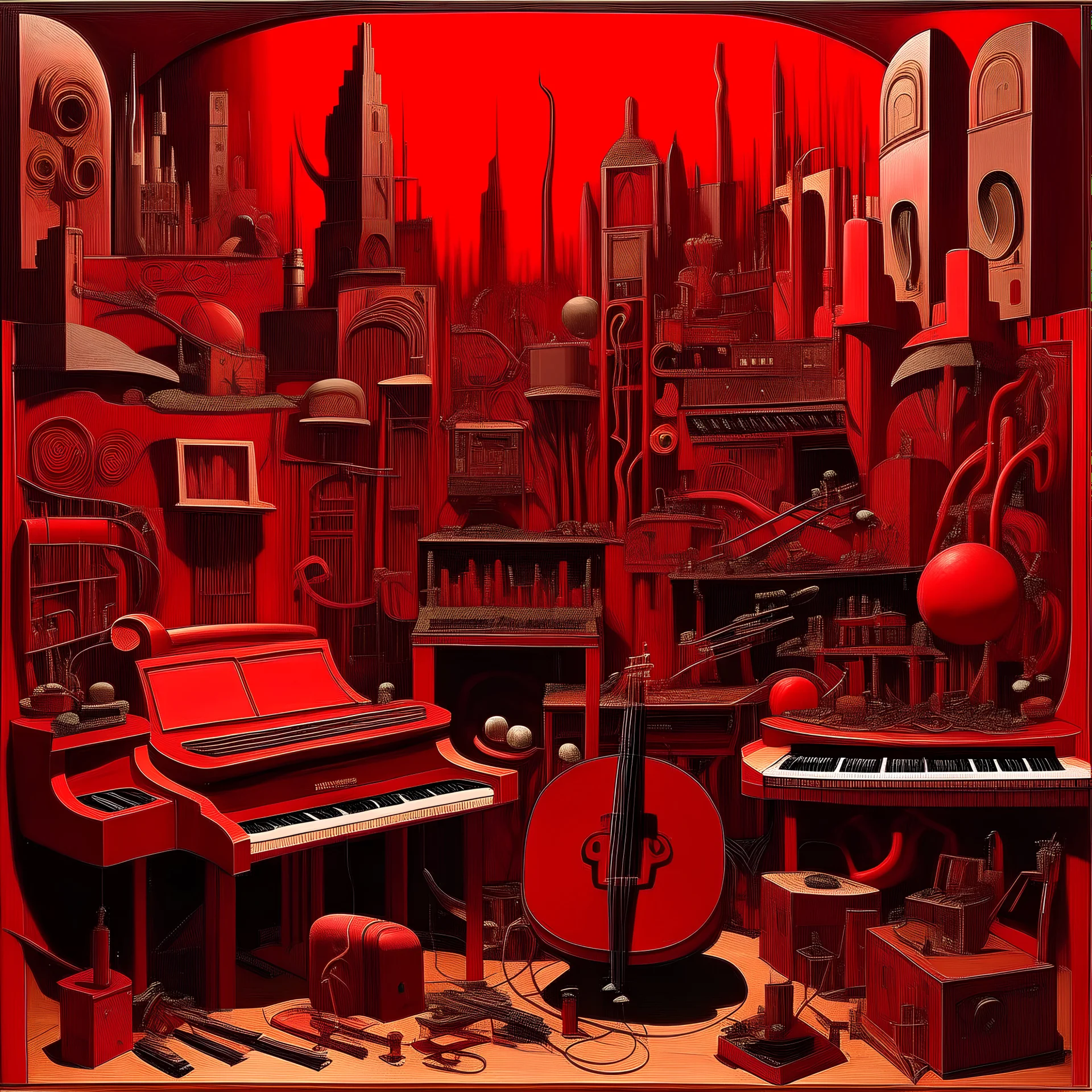 A dark red city filled with instruments painted by Frank Lloyd Wright