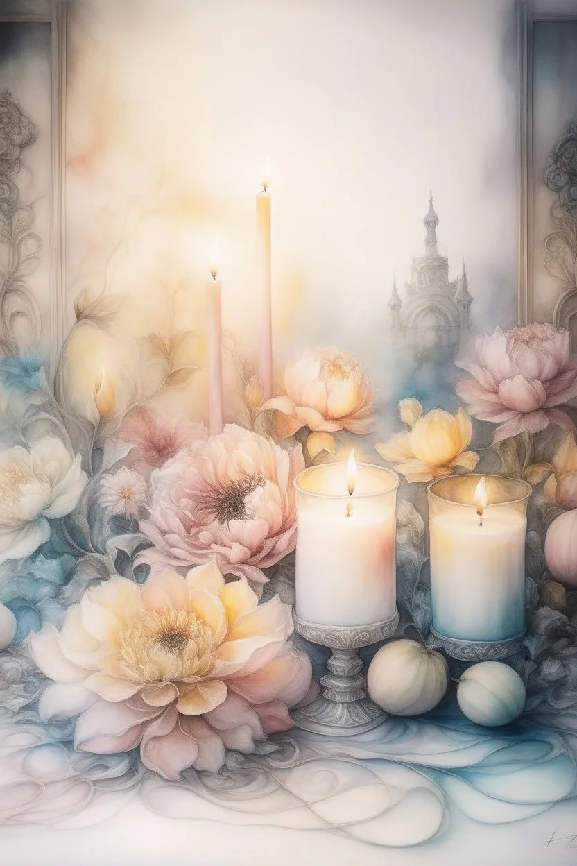 Watercolor, color, flowers, candles, purification from ghosts, subtle black ink drawing, several landscapes, collage, fog, many details,delicate sensuality, realistic, high quality,3d, work of art, hyperdetalization, professionally, filigree, hazy haze, hyperrealism, professionally, transparent, delicate pastel tones, backlight from behind, contrast, fantastic, fabulous, unreal, translucent, glowing,clear lines, horror,epic, hyperrealism.