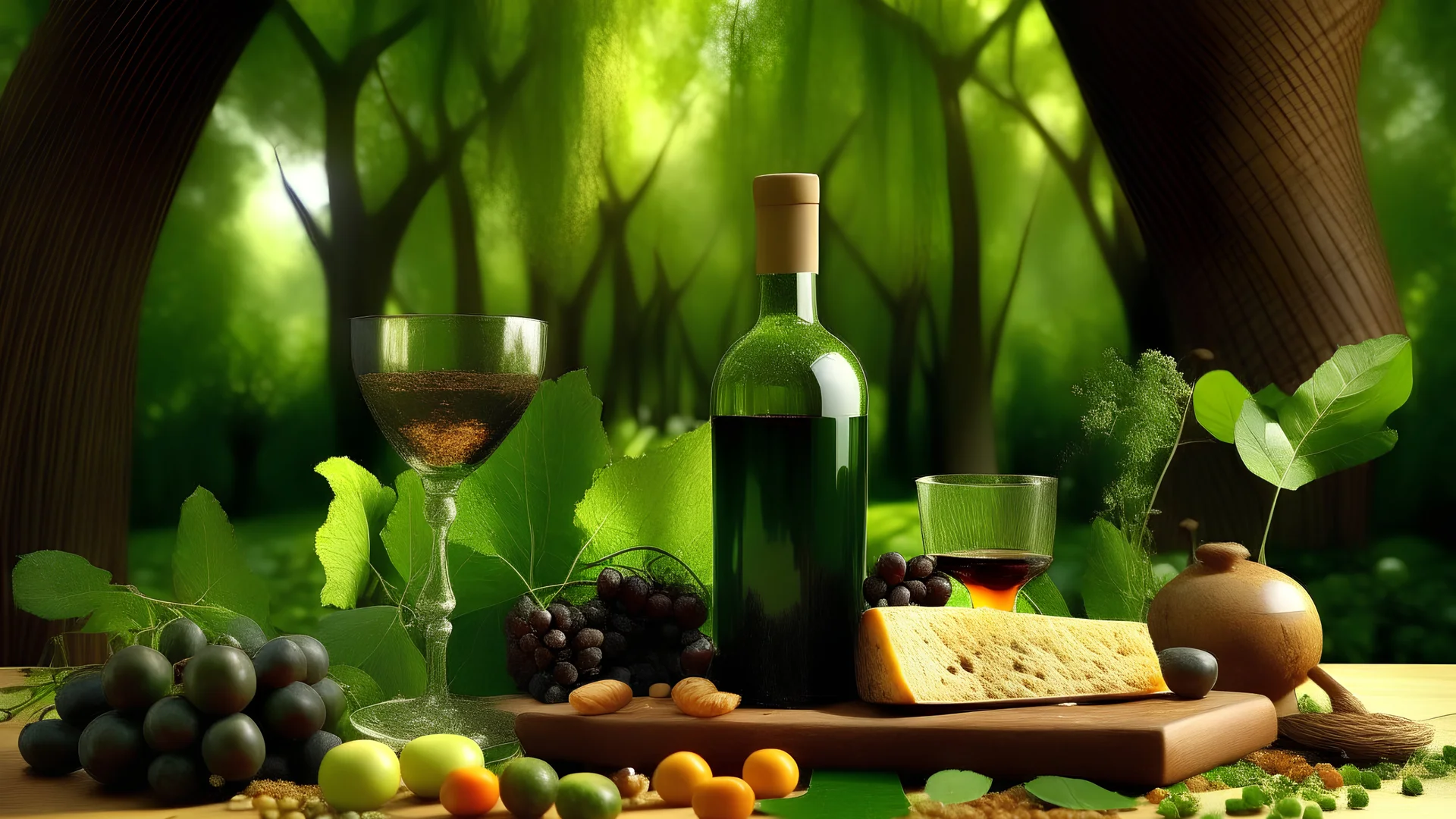 Set against a lush green backdrop, the scene focuses on a single wine bottle in the foreground. Condensation beads glisten on the bottle's surface, hinting at its chilled contents. Surrounding the bottle, an assortment of Italian delicacies seems to float in mid-air, each item suspended in a tantalizing display. From slices of aged Parmesan cheese to plump olives and ripe tomatoes, the air is filled with the aroma of Italy's culinary treasures. The composition captures the essence of Italian ind