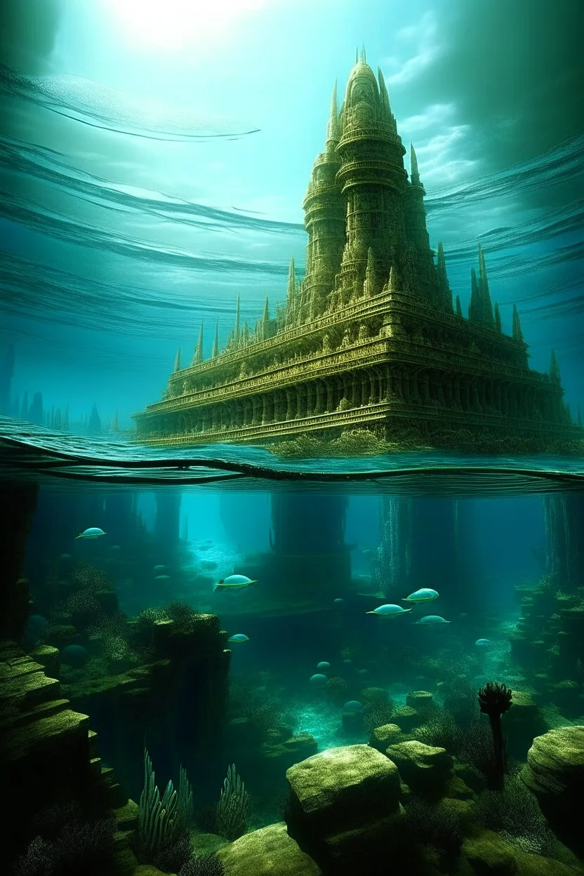 pemandangan atlantis di dalam air dengan peradaban super maju nya ketika sedang dalam masa paling jaya nya sebelum akhirnya tenggelam