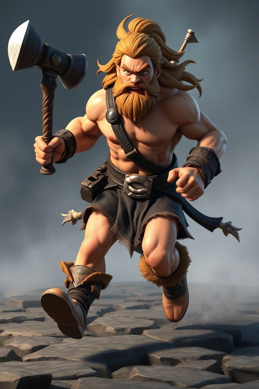 Male Fantasy RPG character, barbarian, chaabi kawaii proportions, lord of the rings inspiration, with hammer, in a bounding run, cgi animation character