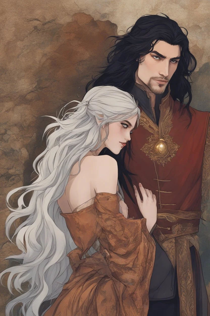 A couple from the dnd game curse of Strahd kissing. She has white hair he has long black hair. Romantic, sweet, loving, possessive, protective, kiss