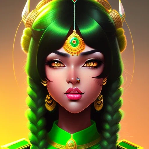 personnage de fantaisie, féminin, indienne, peau sombre, cheveux noirs, mèche verte