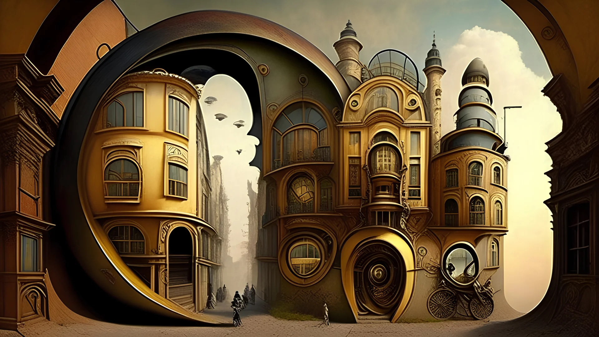 steampunk city like trompe l'oeil dali