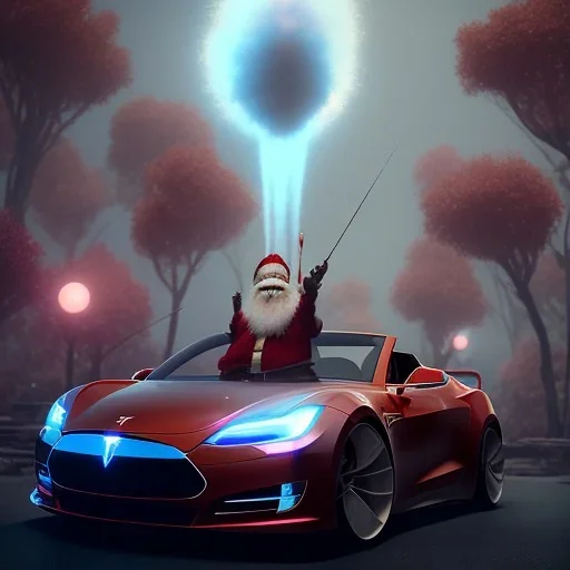 Santa driving his red Tesla convertible car, character design by cory loftis, fenghua zhong, ryohei hase, ismail inceoglu and ruan jia. unreal engine 5, artistic lighting, highly detailed, photorealistic, fantasy