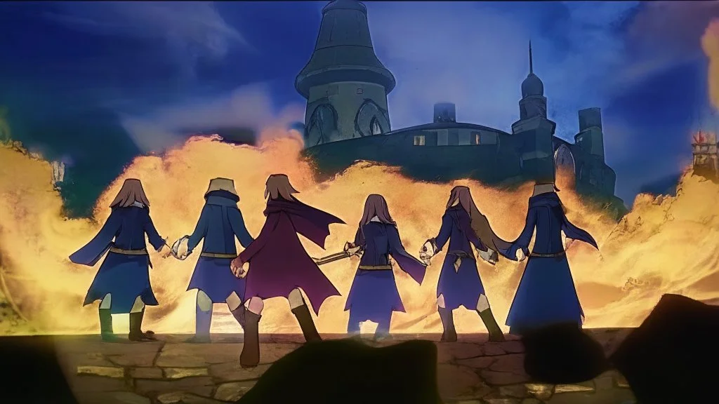 Adventurer party of four people, standing before a castle