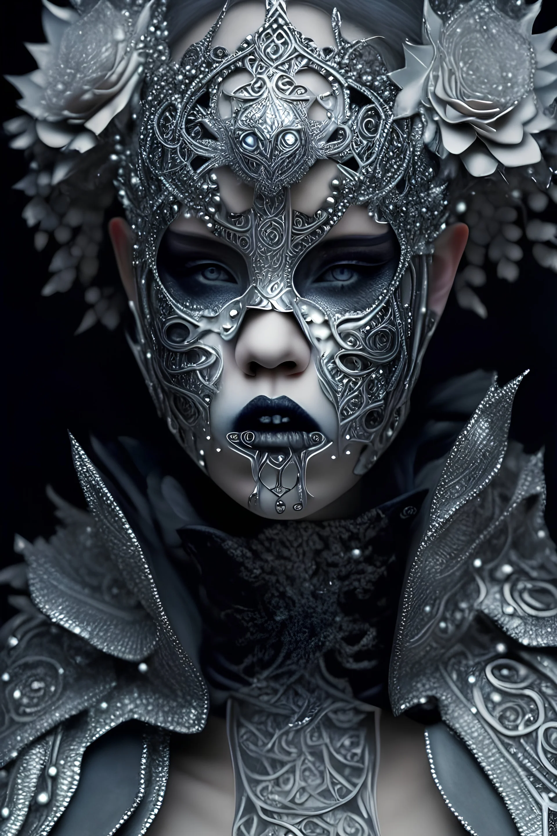 Beautiful faced young faced voidcore shamanism winter queen girl wearing silver goth punk metallic filigree floral face masque, ribbed with bioluminescense azurit stone adorned with winter vidcoreshamanis silver metallic diadem headress, wearing biomechanical amalgamation style leather jacket dress ribbed with silver floral metallic filigree biomechanical vantablack pattern, organic bio spinal ribbed detail of gothic winter snowy backround extremely detailed maximalist hyperrealistic portrai