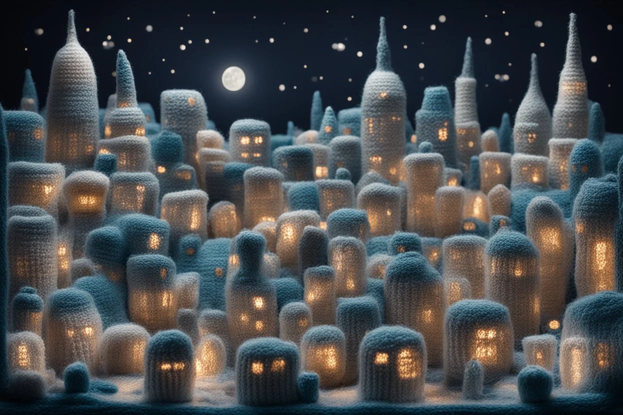 knitted city at night in moonlight