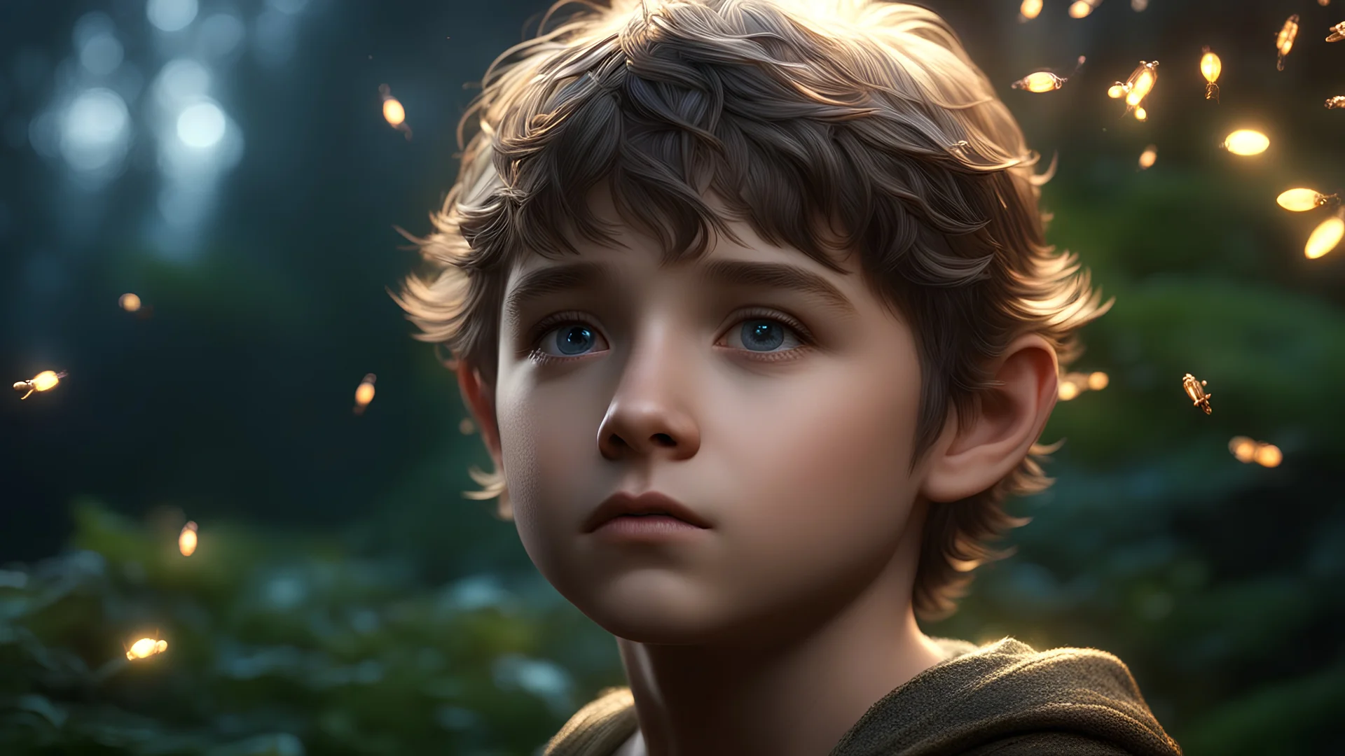 21775. little hobbit boy, head and shoulders and chest, perfect eyes, fireflies, darkness, exquisite composition, pensive, self-assured, confident, beautiful, peaceful, kind, beautiful detailed intricate insanely detailed octane render trending on artstation, 8k artistic photography, photorealistic concept art, soft natural volumetric cinematic perfect light, chiaroscuro, award-winning photograph, masterpiece, raphael, caravaggio, greg rutkowski, beeple, beksinski, alma tadema, Bouguereau