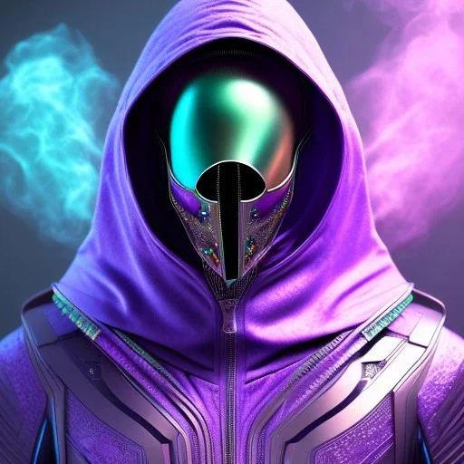 purple galaxy masked hooded super villain, futuristic, teal and purple smoke, full portrait, hyper realistic, 4k