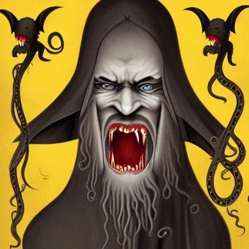 Vampire with yellow eyes with fleshy tentacle beard grey skin and vampire fangs and vampire bat nose as a Russian Orthodox