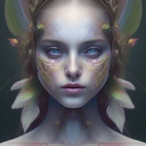 Portrait of beautiful girl, face dept of field,face shining, plant, metal, feathers,central weight average, CWA Dryad, fae, sidhe, ominous, nature, plants, wildflower sparkle,wildflower 3d view, facepaint, dnd character portrait, intricate, oil on canvas, masterpiece, expert, insanely detailed, 4k resolution, retroanime style, cute big circular reflective eyes, cinematic smooth, intricate detail , soft smooth lighting, soft pastel colors, painted Renaissance style,sharp fucus, bokeh,