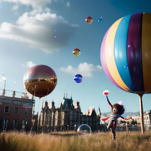 Ultra realistic circus scene. Sweet big hair monster flying, playing with Child’s, smile, happy, color bubbles, smooth color, waist up view, Wes Anderson style, a lot of people background, highly detailed, concept art, unreal engine 5, god rays, ray tracing, RTX, lumen lighting, ultra detail, volumetric lighting, 3d, finely drawn, high definition, high resolution.