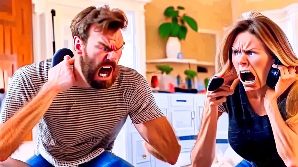 man at home angry on phone a lady yells from behind him