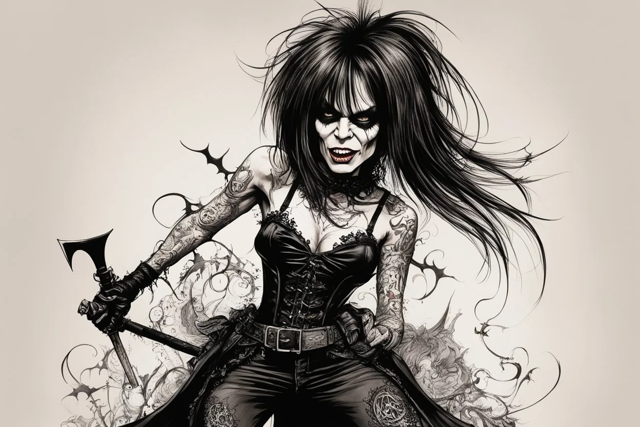 create a wild caricature of Chrissie Hynde as a savage, sullen, gothpunk vampire girl with highly detailed and refined facial features and hair, clothed in an ornate Gothic rags and fishnet stockings, in the caricature cartoon style of Gerald Scarfe and Ralph Steadman, precisely drawn, boldly inked, vividly colored, 4k