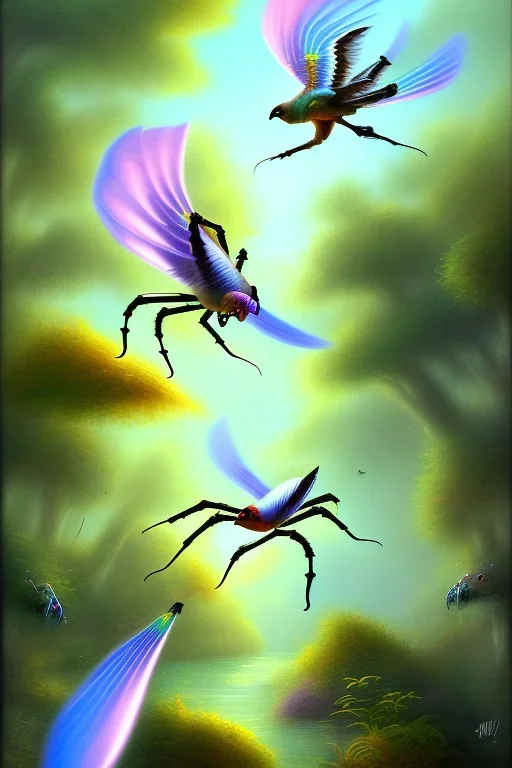 spider fight with exotic pigeon, jungle setting, soft pastel colors, mystical, dreamlike, Neo-Impressionism, fine detail, high quality,