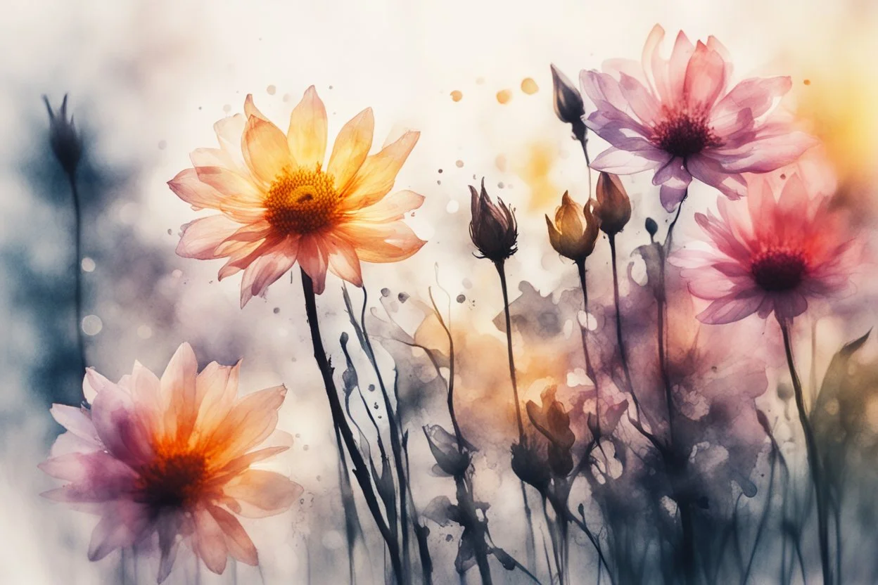 beautiful collection of flowers, melting watercolor and black ink outlines on wet paper, soft, shading strokes, in sunshine, ethereal, otherwordly, cinematic postprocessing, bokeh, dof