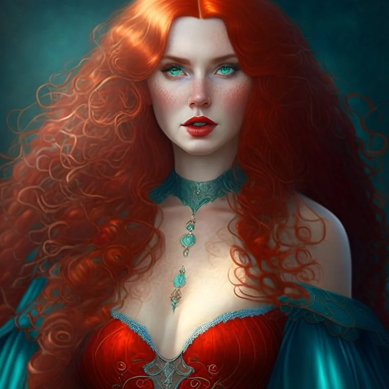 Dress, long ginger hair, Noble, Pale skin, Fantasy, Woman, large chest, turqouise eyes, frizzy, large hair, Blood red details, Curvy body