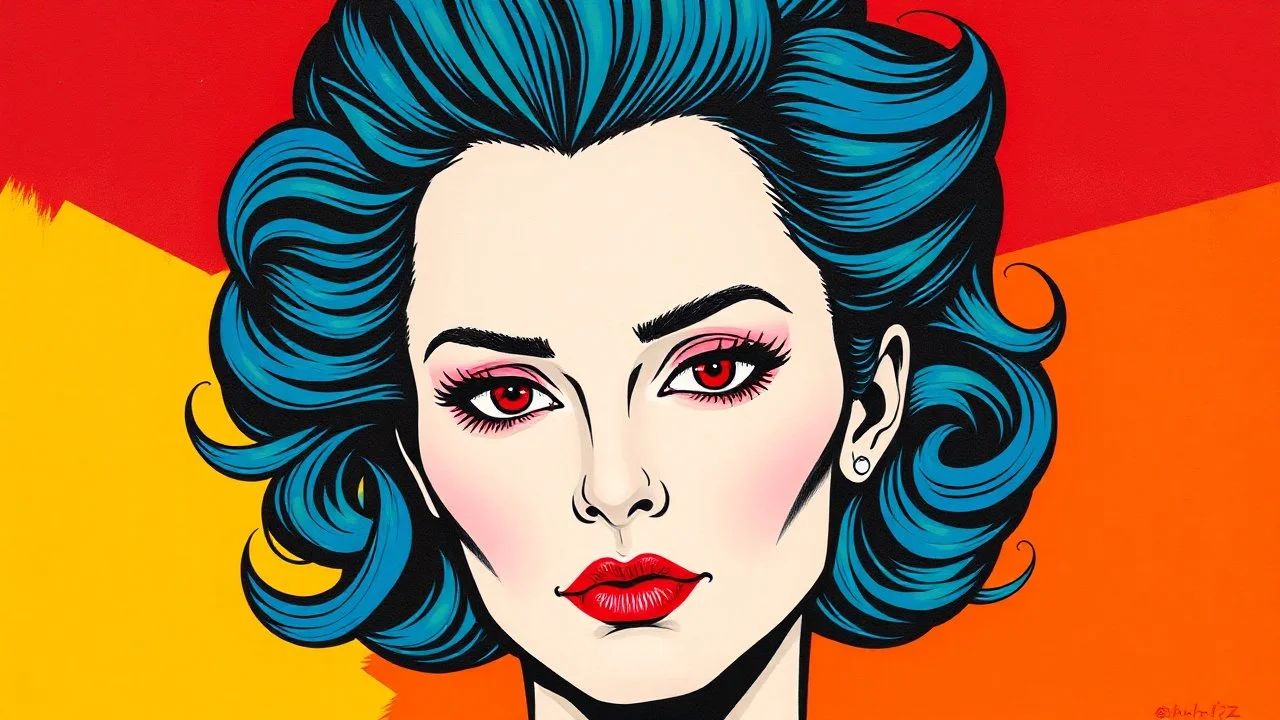 The image is a portrait of a woman's face. The woman has a pale complexion and her hair is styled in a voluminous updo with blue and green highlights. Her eyes are a deep red color and her lips are a lighter shade of pink. She has a serious expression on her face and her nose is slightly upturned. The background is a mix of red, orange, and yellow, with a hint of yellow on the left side. The overall style of the painting is reminiscent of a pop art style, with bold lines and bright colors.