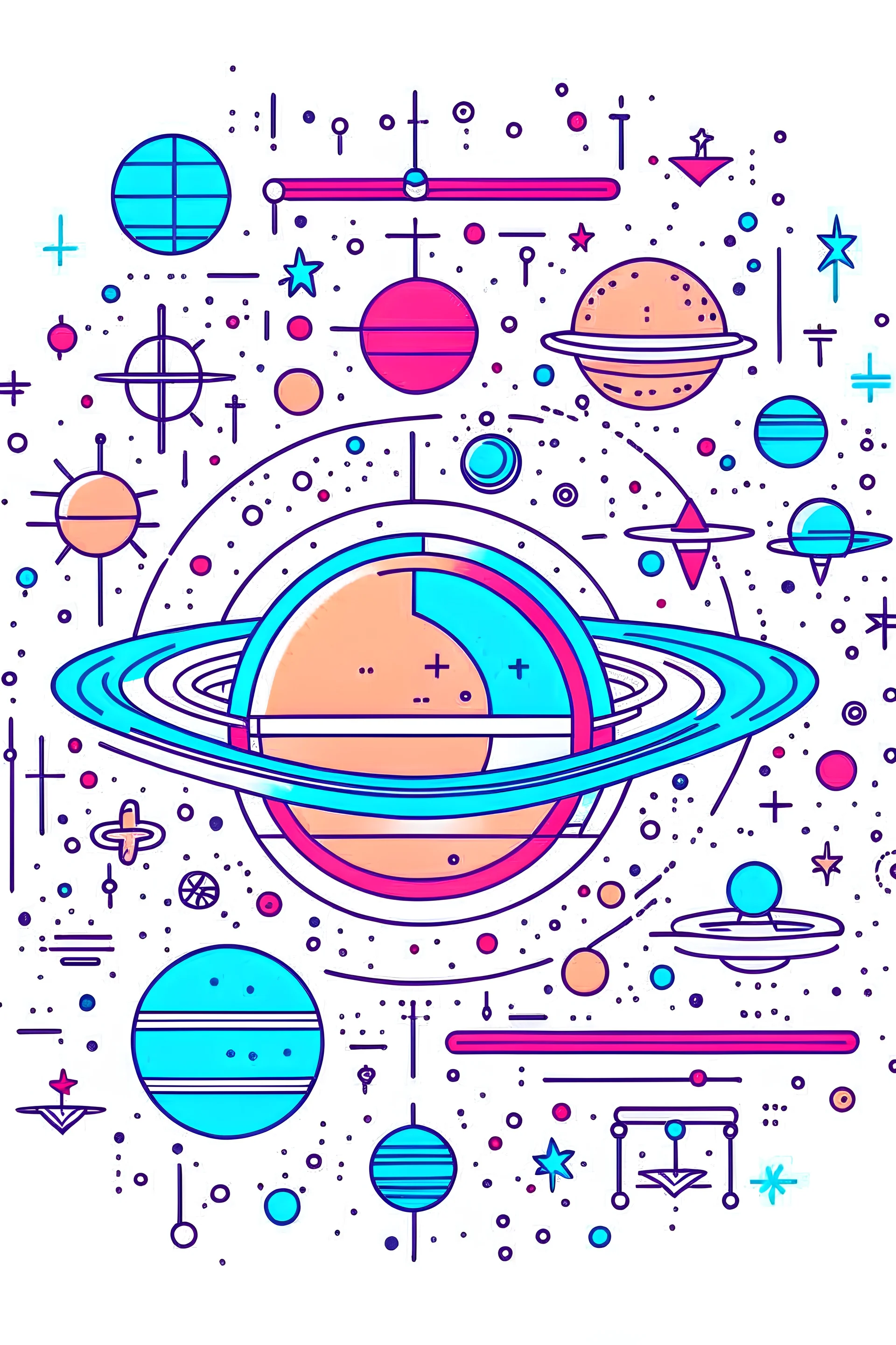 cute symmetrical outer space minimal including planets and stars coloured in, sketch style, only use outline, clean line art, well outlined