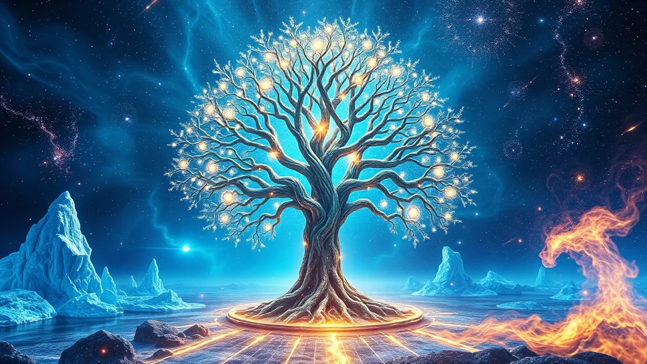 The tree of life in the center with luminous branches in a space of blue, light, water, ice, fire, and galaxies in a special, eye-catching, psychedelic space.