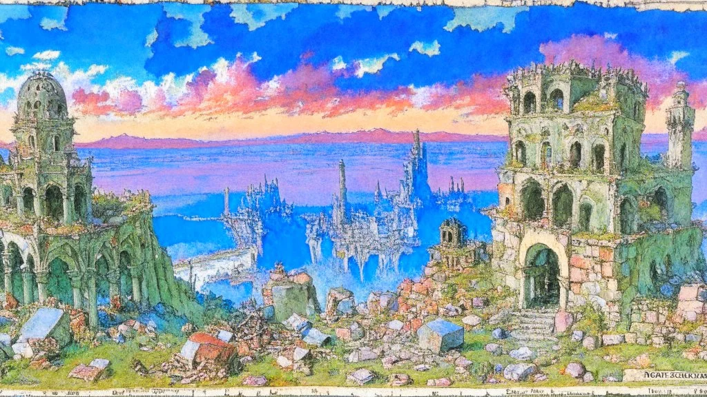 Destroyed City, medieval ruins, debris, stone, breched, brocken, Perspektiv from the sky, by Jean-Baptiste Monge, Ivan Bilibin, Albert Bierstadt, Reza Badrossama, watercolor, intricate details, fantasy, beautiful, oil on canvas, award winning, imperial colours, fantastic view, radient colours, very attractive, crisp quality