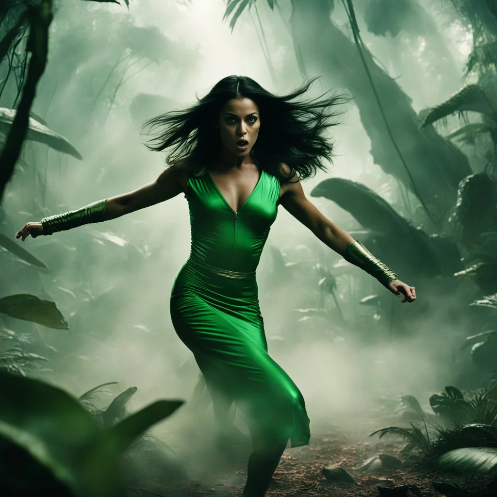 A cinematic medium shot of a jungle girl fighting off aliens. She is wearing a green dress and has long, dark hair. The aliens have large, round eyes and are wearing metallic suits. The background is a dense jungle with tall trees. There is smoke rising from the ground near the aliens. Also JUNGLE GIRL FIGHTS OFF THE ALIENS which was a title I borrowed.