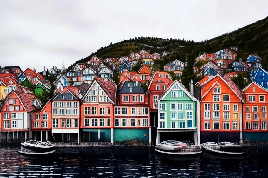 Colored pencil drawing, Very detailed, Drawing of the colorfull houses in the city Bergen in Norway. Colorfull, professional, detailed, pencil strokes, calm composition, zoom out.