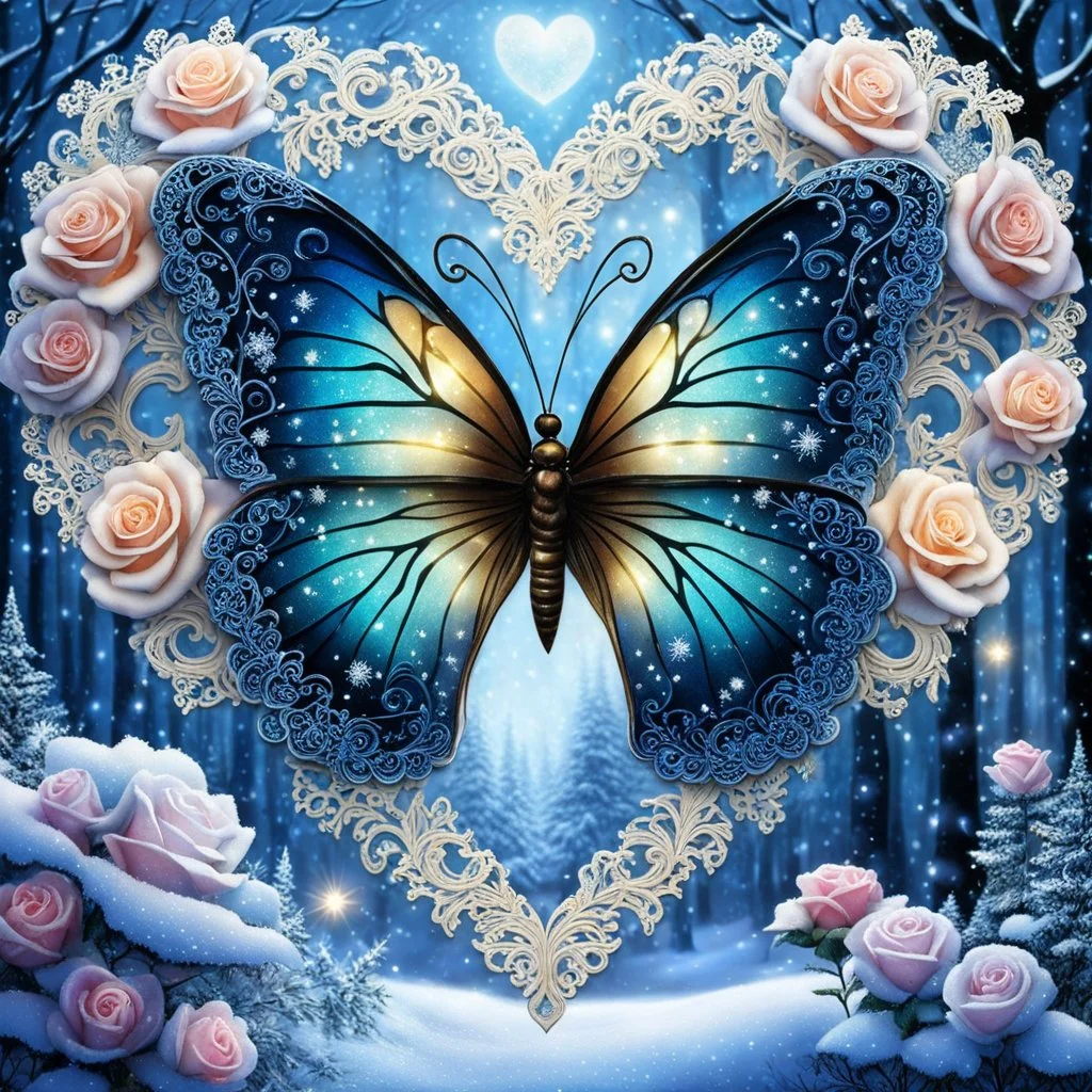 Beautiful filigree lacey butterfly, winter wonderland background, triple frosted heart with bi colored roses, glitter, glowing, transparent, sparklecore, Thomas Kinkade, realistic painting, 8K