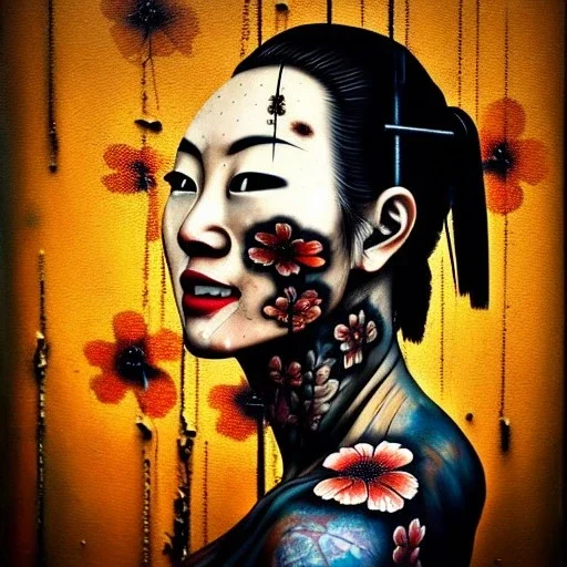 an abstract painting of rusted metal and flowers, beautiful smiling Yakuza Woman portrait, with japanese realistic tattoes, realistic,rust, scaffolding, iron cladding, decay, mixed media, textured, anatomically correct, beautiful perfect face, sharp focus, highly detailed by Johannes Vermeer 8k