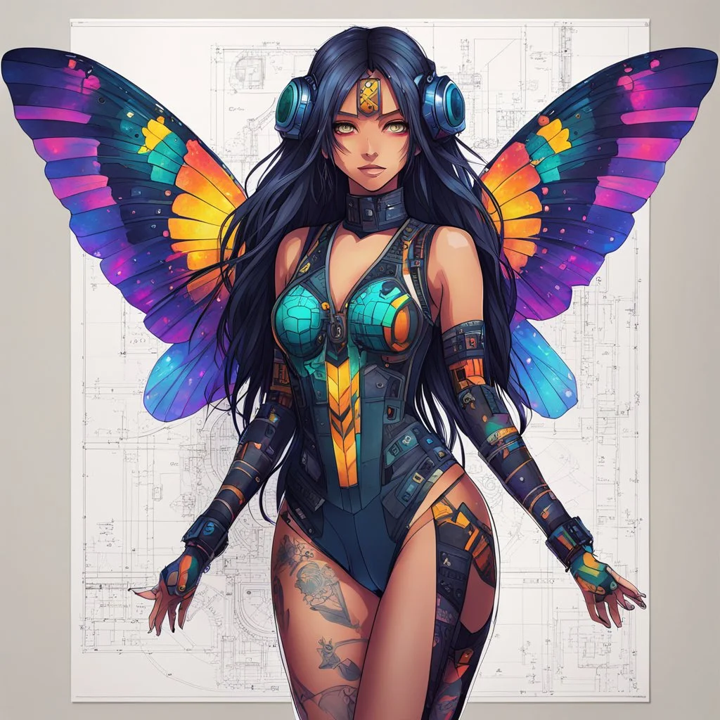 full body portrait illustration , long hair, with detailed blueprints and engineering schematics of a walking hybrid Madagascan sunset moth insect girl, in anime style, drawings, 8k, vibrant natural colors, tight bodysuit, white skin, wings above sholder