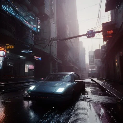 Cyberpunk, Car in night city on the rain unreal engine 5, octane render,cinema4d, dynamic lighting, 8k, redshift render, highly, hyperrealism ultra realistic, hyper realistic.