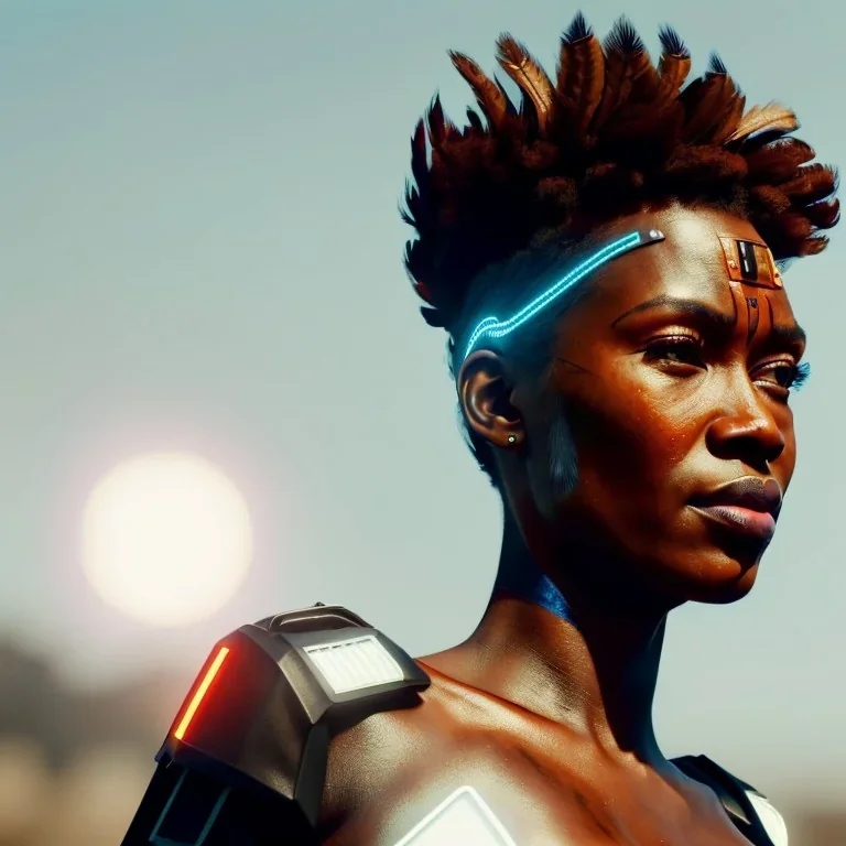 A beautiful portrait of a cyberpunk cyborg black tribal woman with lot's of grain on her skin and big tribal tatoos all over the skin, with natural hair floating in the wind cyborg smiling facing camera orange color scheme, high key lighting, volumetric light high details with white stripes and feathers unreal 5, octane render, cinema4d, dynamic lighting, dramatic lighting, 4k, redshift render, highly detailed, hyper realistic