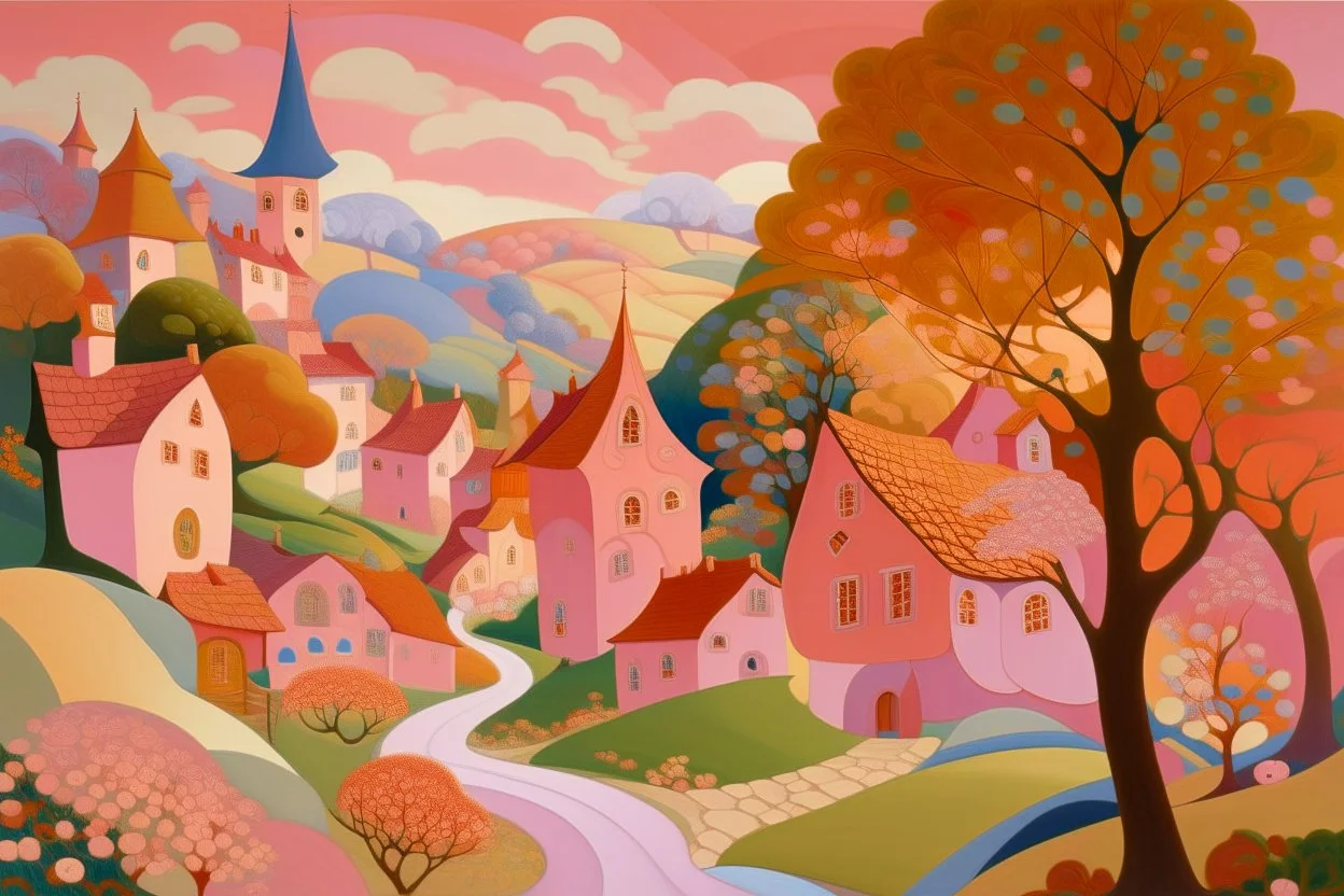 A pale pink village with a magic show painted by Paul Ranson