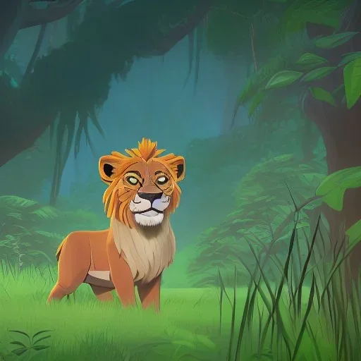 picture for children's book showing a cute lion behind tall grass in the jungle