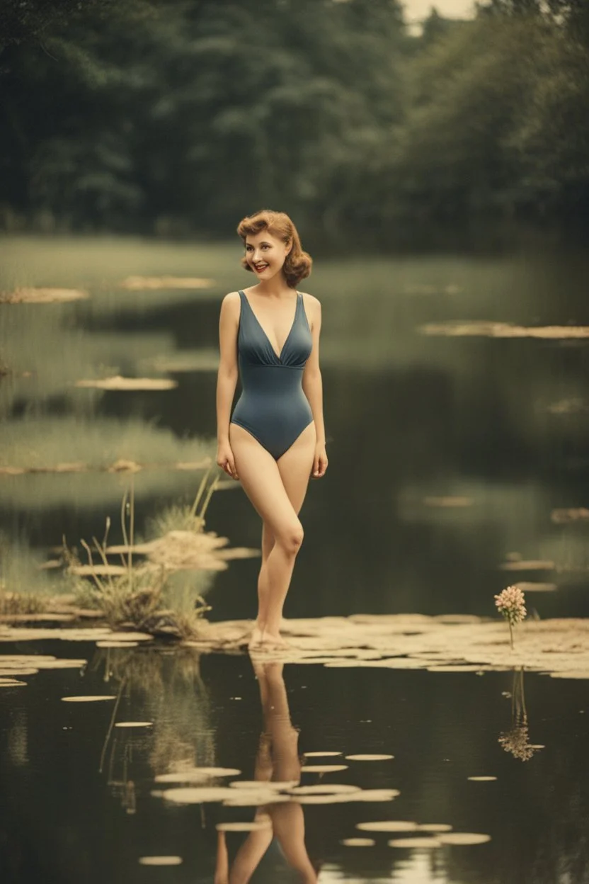 [vintage] A woman in swimsuit around a pond