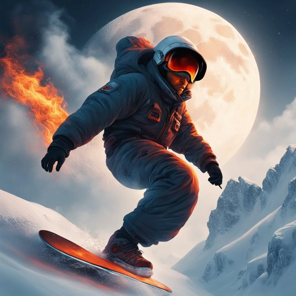 snowboarding in sky moon agressive, very detailed, fire, sci-fi