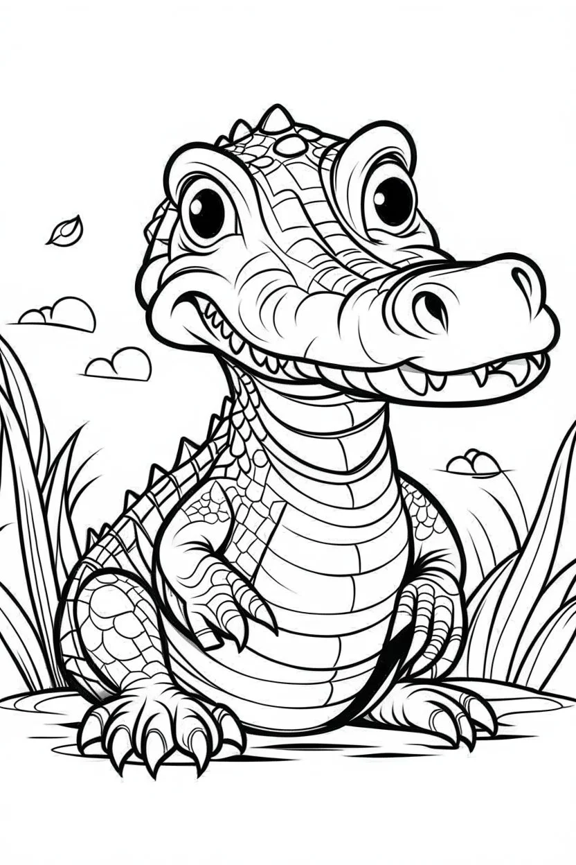 coloring page for kids, alligtor , cartoon style, thick outline, low details, no shading, no color