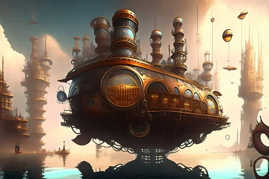 make a beatiful steampunk background of a floating city