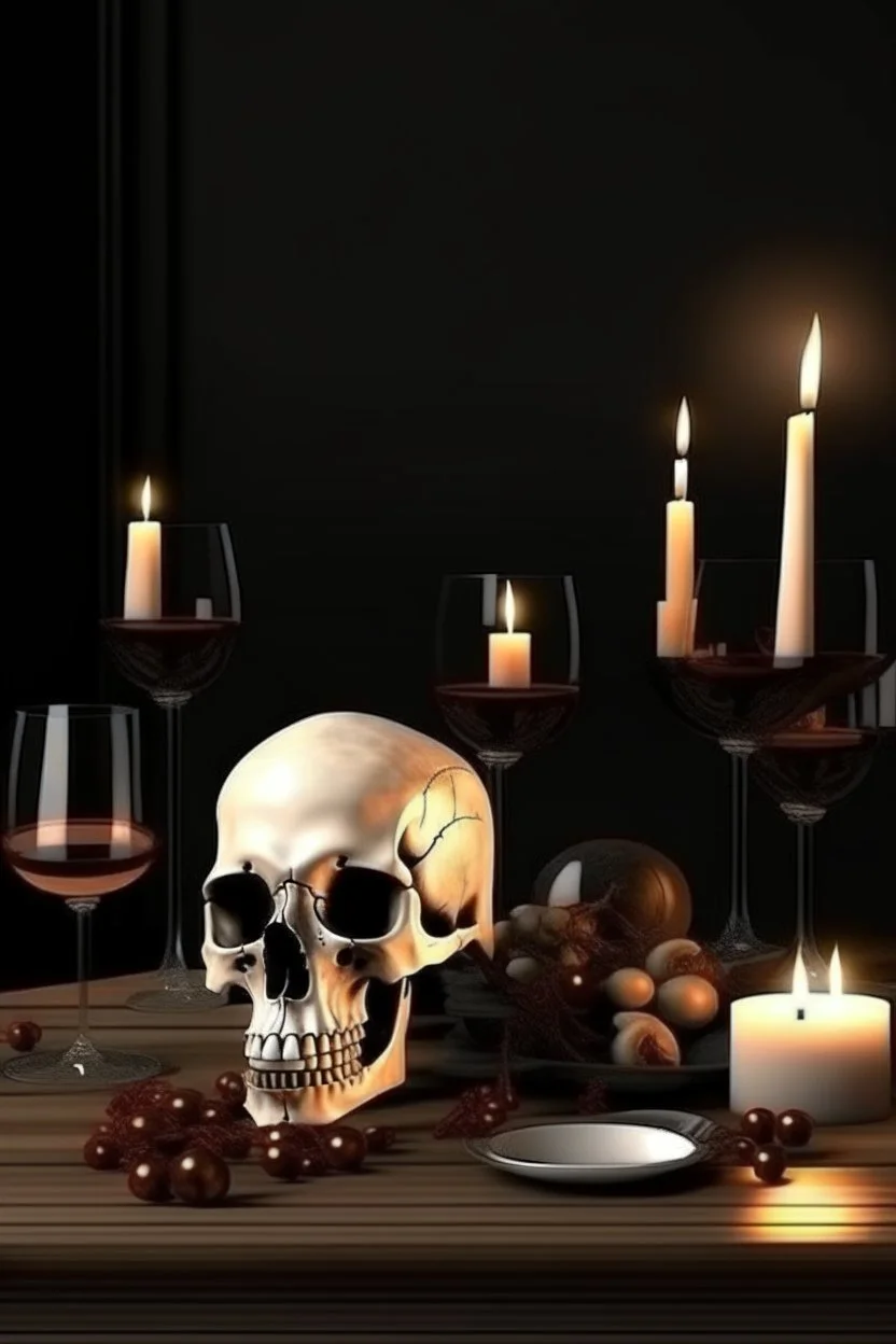 tavolo imbandito con teschio cervo, vino, candele stile realistico