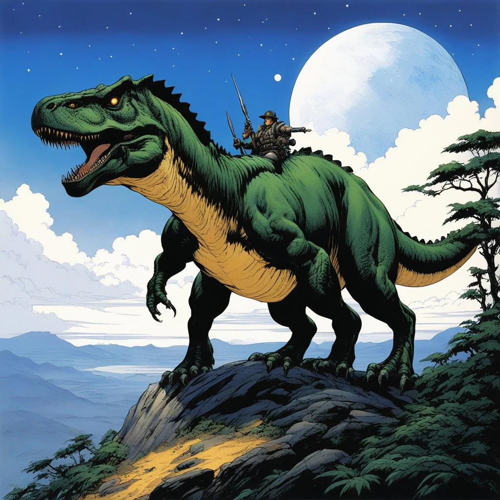 (in the style of Orion, by Masamune Shirow) a t-rex on the top of his hill