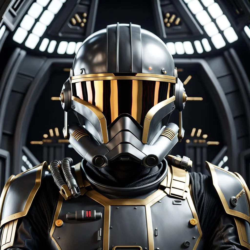 star wars bald male corellian pilot wearing gunmetal grey and black First Order special forces TIE pilot armored flightsuit and helmet with gold trim inside the jedi temple, centered head and shoulders portrait, hyperdetailed, dynamic lighting, hyperdetailed background, 8k resolution, volumetric lighting, light skin, fully symmetric details