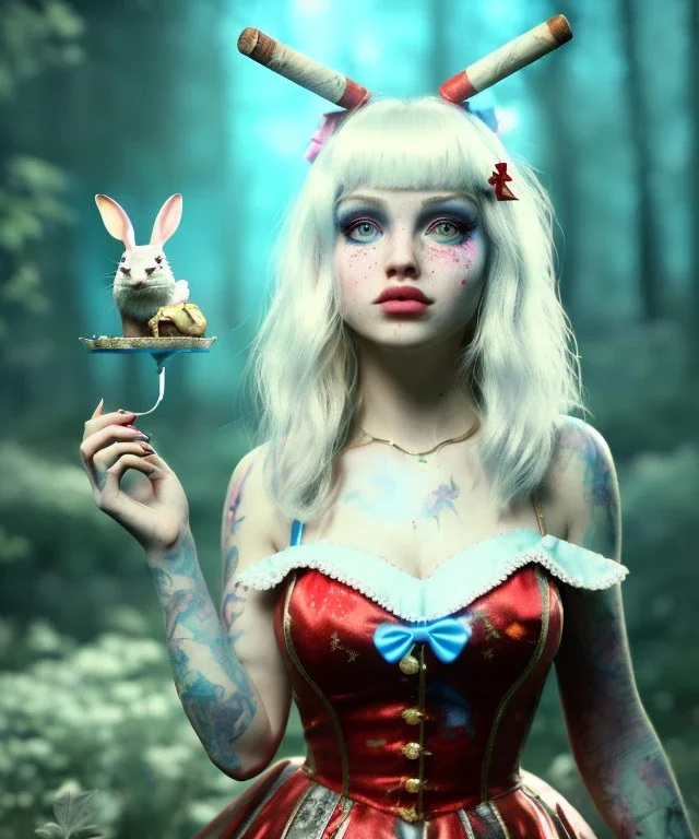 Ultra realistic wonderland photo, hot, happy blonde Alice woman and white rabbit smoking a pipe, blue dress, circus dress style, black headband with bow, old school tattoo, smoke, marijuana garden, glow eyes, perfect iris, soft color, highly detailed, unreal engine 5, ray tracing, RTX, lumen lighting, ultra detail, volumetric lighting, high definition.