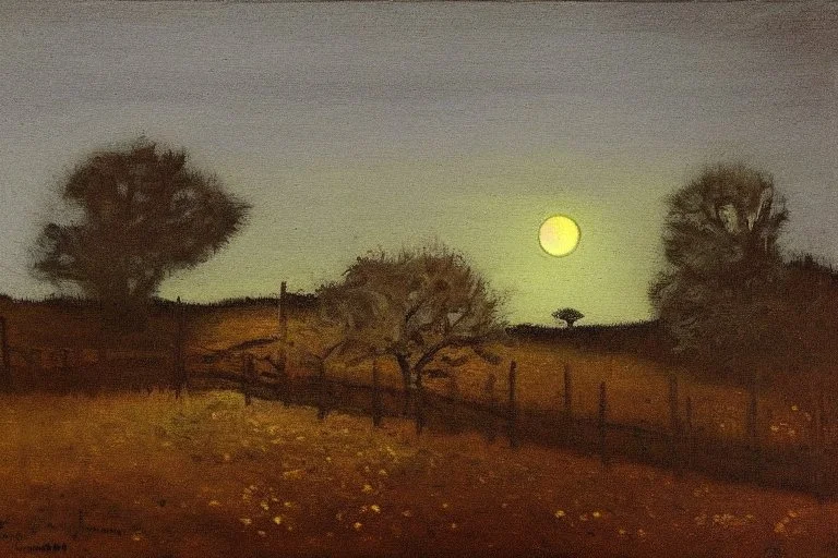 Dry trees, night, full moon, cabin, yard with flowers, fence, philip wilson steer impressionsim painting