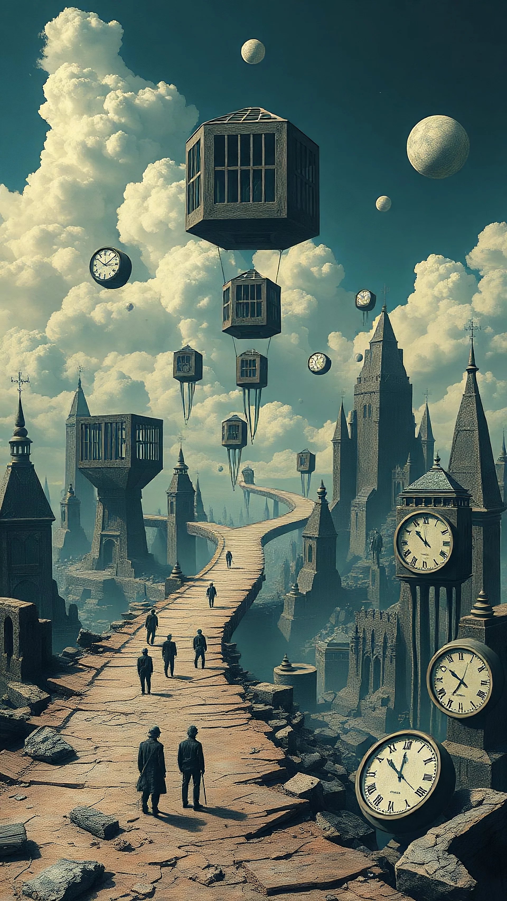 A surreal dystopian world where the sky is filled with floating geometric prisons, roads twist into impossible shapes, faceless humanoid figures roam in silence, clocks melt on broken structures — inspired by Dali, dark surrealism, eerie atmosphere