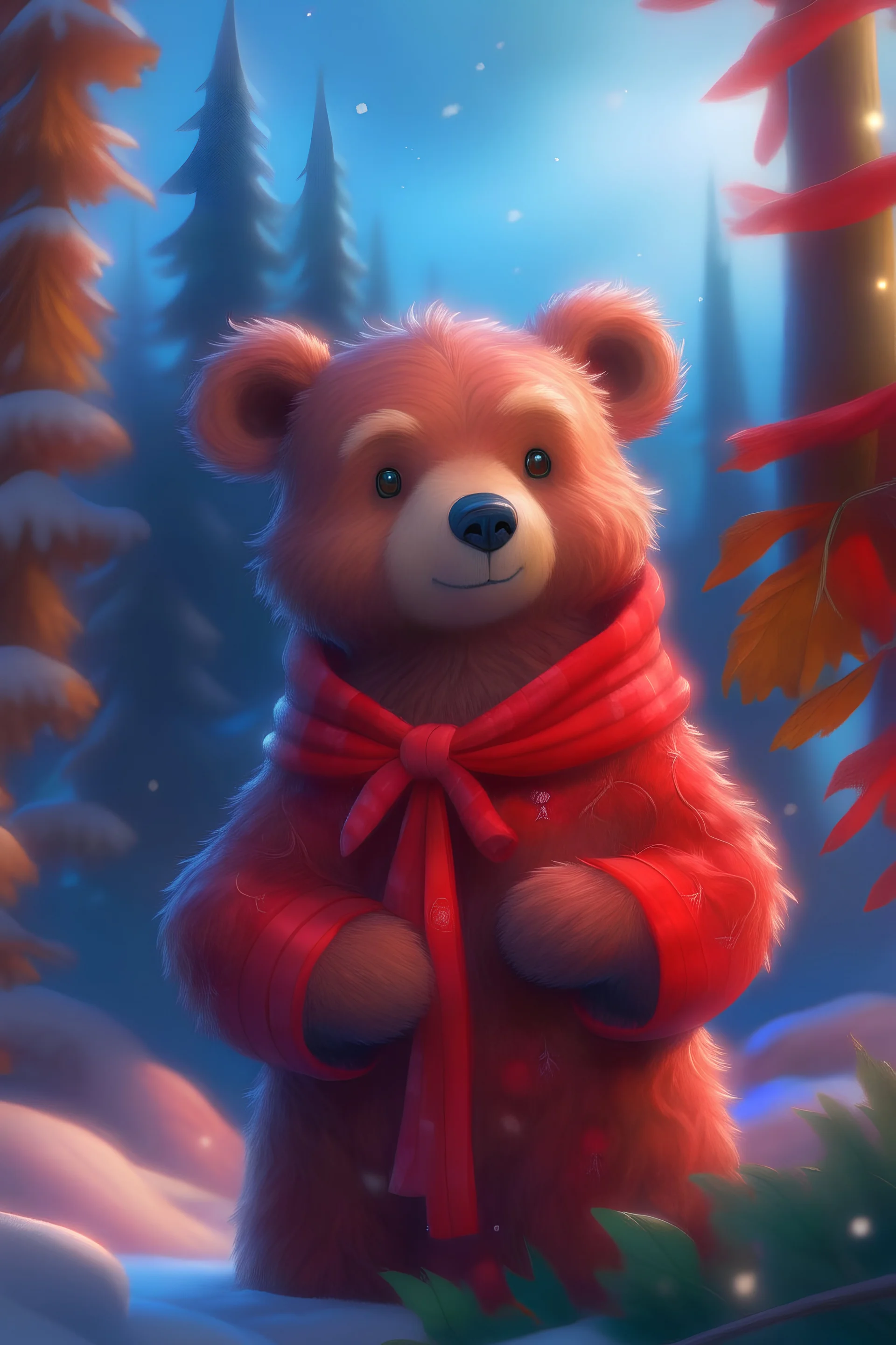 a teddy bear with a highly detailed meticulously detailed and a red winter coat and scarf pine trees in the background, digital painting, artstation, art by Lisa Frank, artgerm, Greg Rutkowski, William-Adolphe Bouguereau, renaissance, Unreal Engine 5