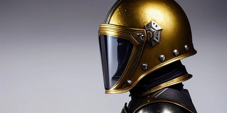 apocalypse, chaotic, magnificent, realistic, colorful, massive, epic, ray tracing, cinematic, 8k, HD, Ultra High Definition, photo film, film grain, hyper-detailed, old tarnished ornate rusty Hyper detailed Gold Gothic Medieval Knight helmet with glass visor covering face and matching whole body suit of armor, realistic proportions, no face 234