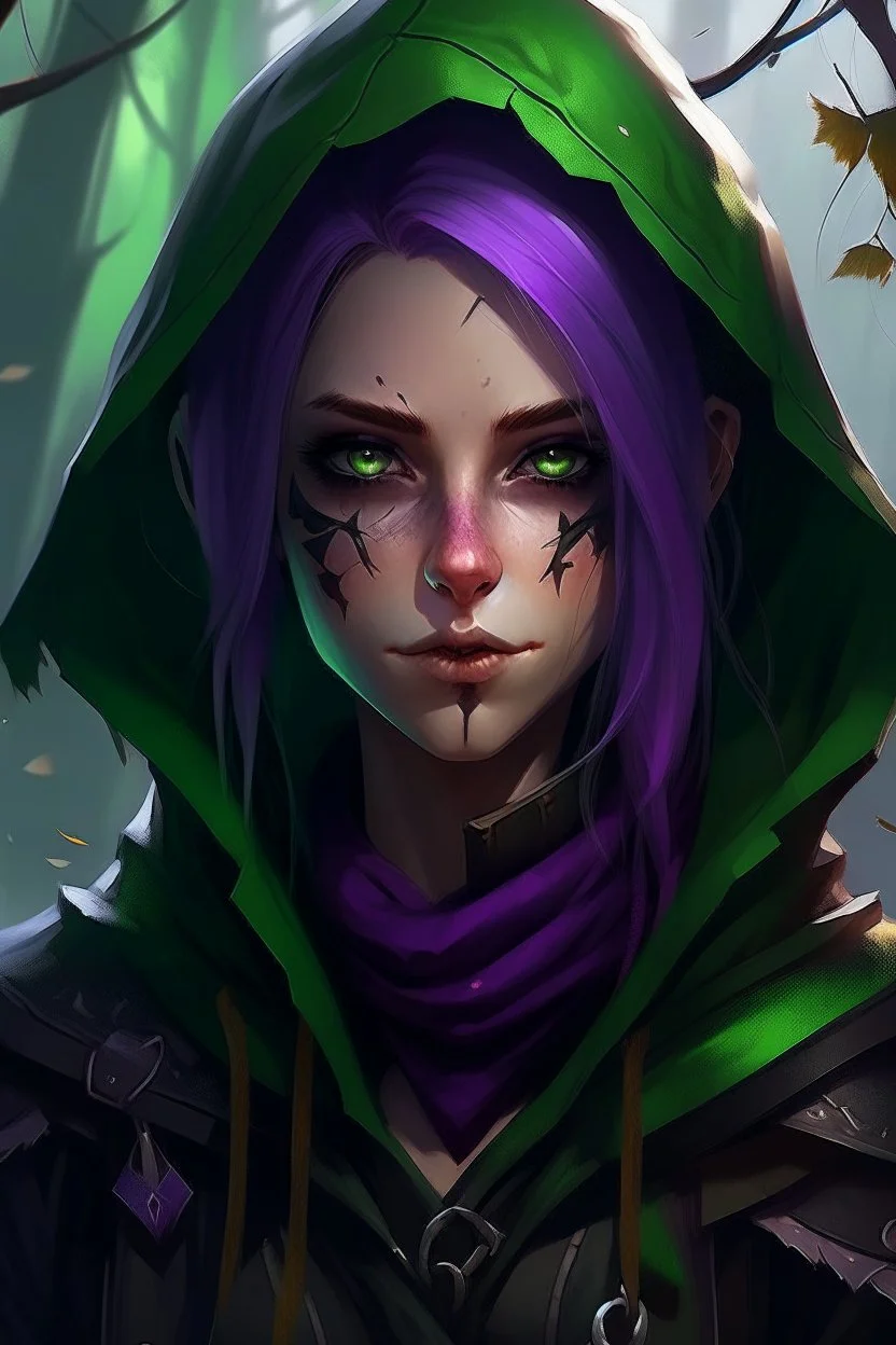 Portrait of wood elf, rogue assassin, purple hair, bright green eyes, black hood, black leather armor, messy, disheveled, trees, sneaky