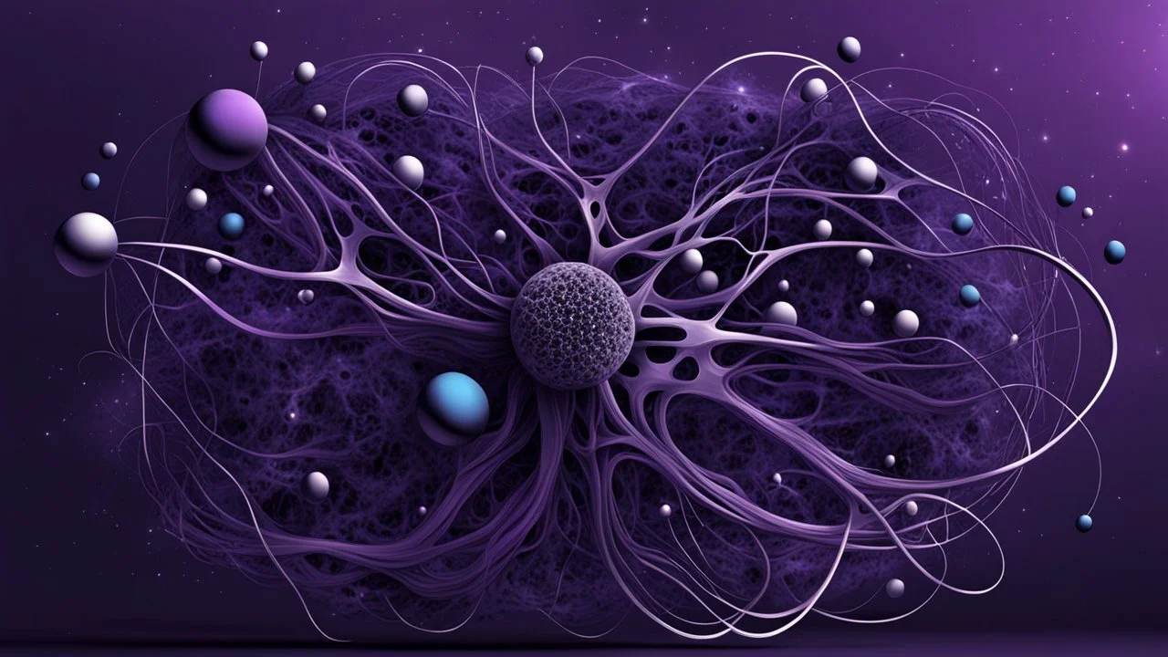 abstract 2d digital art graphic and ink montage,. galaxy in background with nebulas, pale silver gray human nervous system with fade little lights , dark purple, white-dark blue-pale gray and black colors, stunning composition with strange surreal vibe, emotional, abstractions, neurodivergens soul and mind, cinematic, thriller, four little human dark shilouette floatings in universum