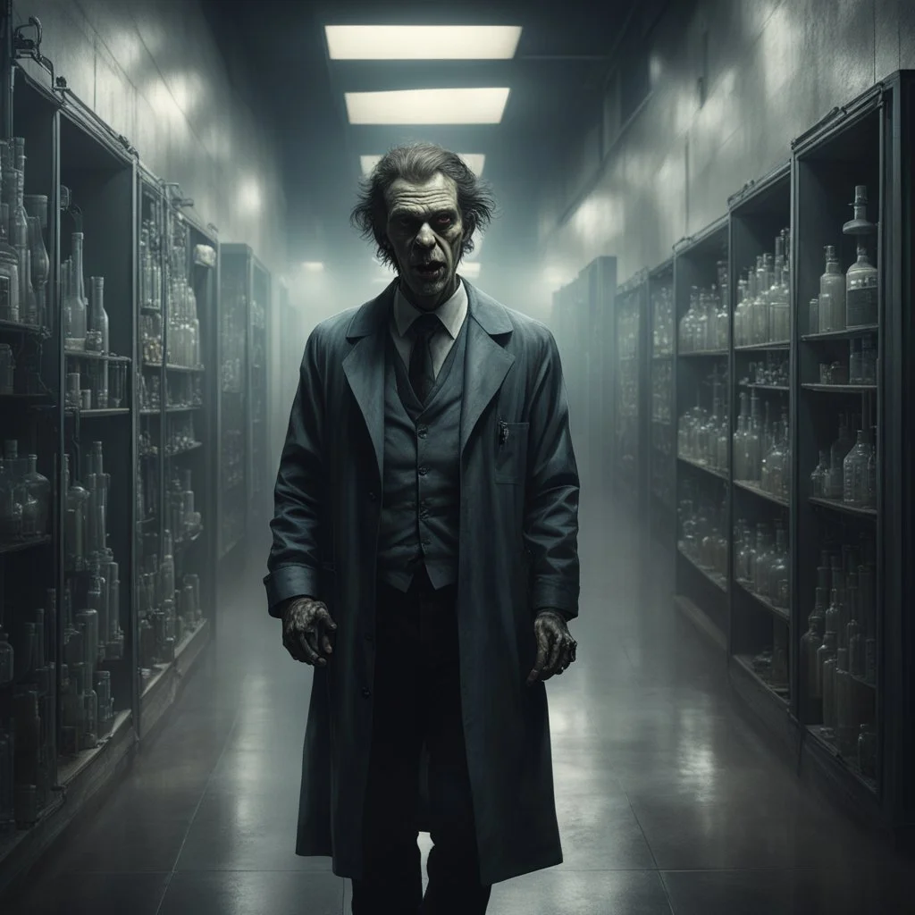 Hyper Realistic Dr Jaykill Mr. Hyde in a huge hallway of a dark chemical laboratory at night